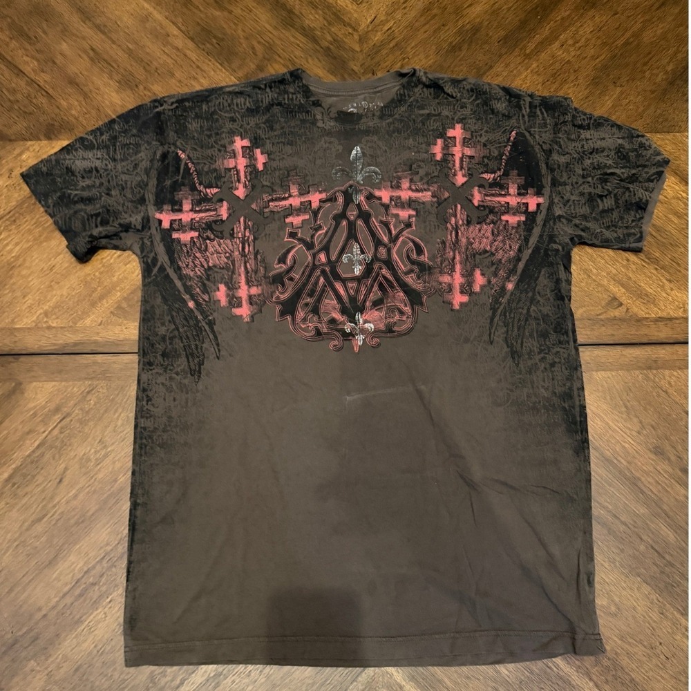 Archaic Mens XL T-Shirt Brown Red Cross Wing Graphic MMA Gothic Y2K Distressed